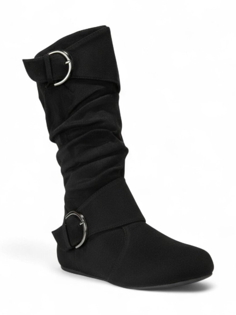 Women Round Toe Buckle w/Side Zip Slouch Flat to Low Heel Mid-Calf Boots
